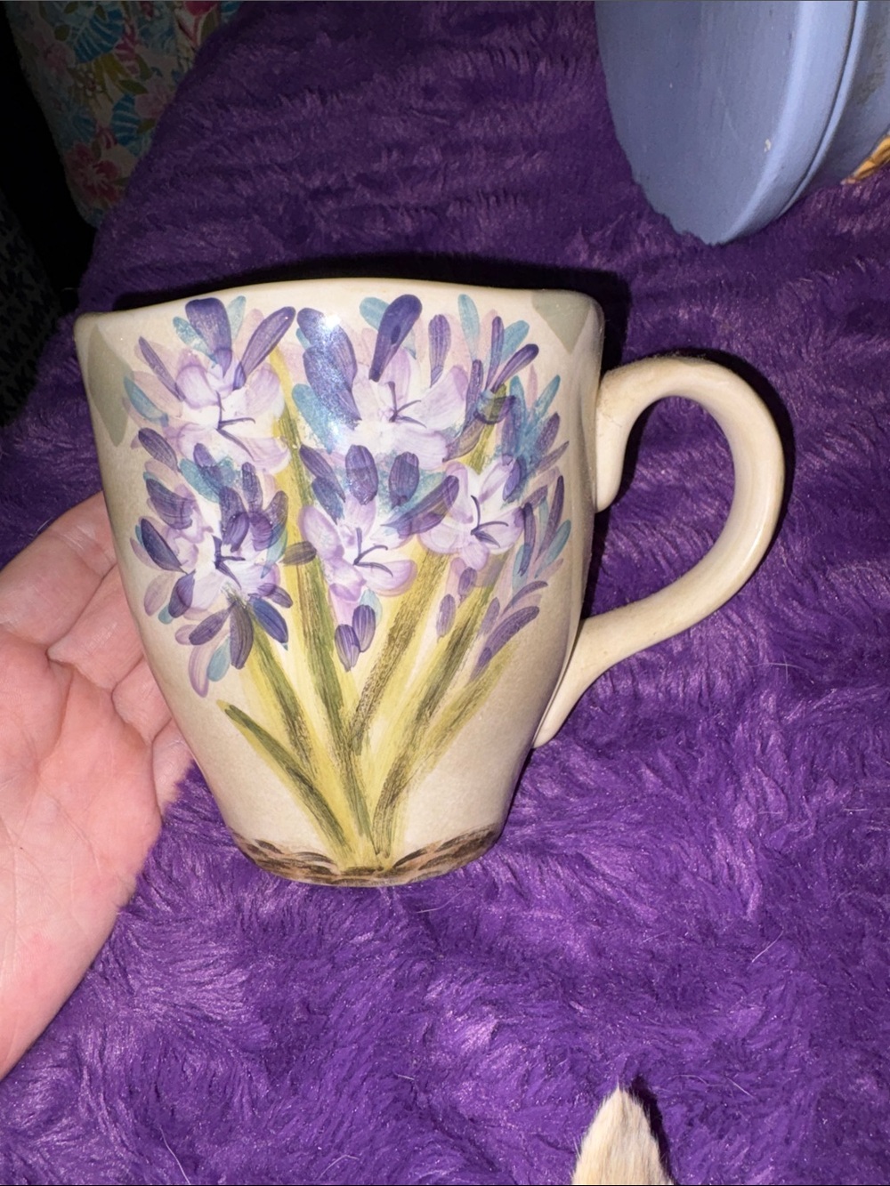 Hand-Painted Floral Ceramic Mug in Purple and Cream